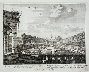 Talo ja puutarha Sorgvlietissä, Hans Willem Bentinckin (1649-1709), Portlandin ensimmäisen jaarlin kotipaikka, Admirandorum Quadruplex Spectaculumista, kirjoittanut Jan van Call (1656-1703), julkaistu ennen vuotta 1715 (engravi)